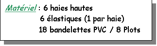 Zone de Texte: Matriel : 6 haies hautes 
     6 lastiques (1 par haie)
              18 bandelettes PVC / 8 Plots
